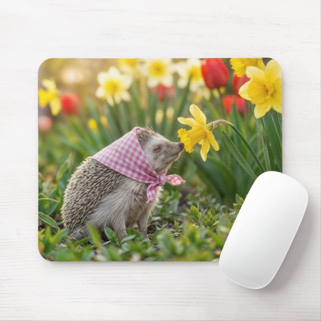 Hedgehog Smelling a Yellow Daffodil Mouse Pad (With Mouse)