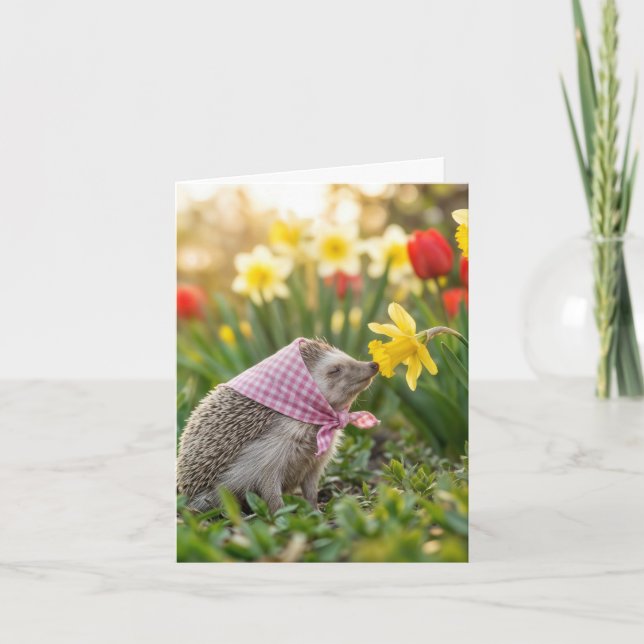 Hedgehog Sniffing a Yellow Daffodil Card (Front)