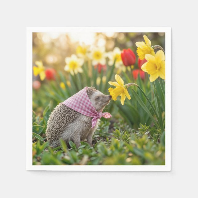 Hedgehog Sniffing a Yellow Daffodil Napkins (Front)