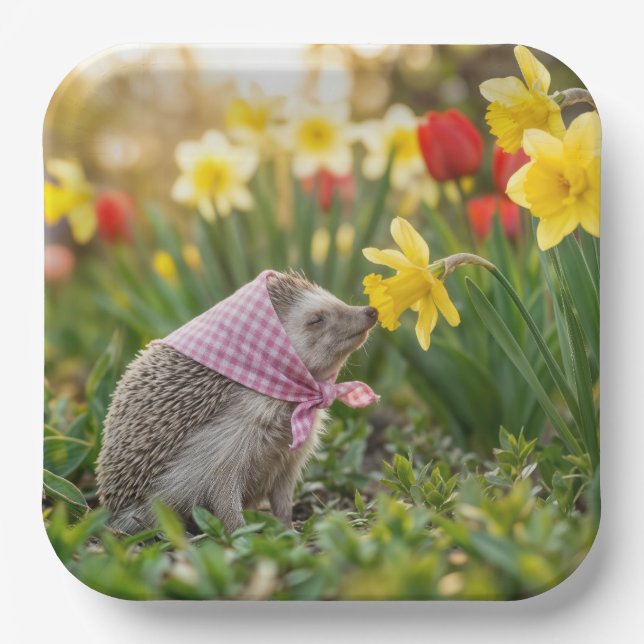 Hedgehog Sniffing a Yellow Daffodil Paper Plates (Front)