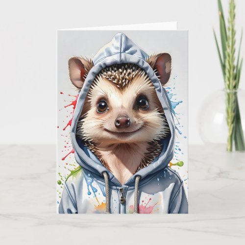 Hedgehog Splatter Art Watercolor Portrait Hoodie Card