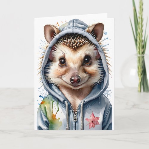 Hedgehog Splatter Art Watercolor Portrait Hoodie Card