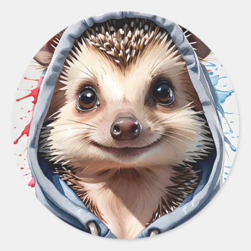 Hedgehog Splatter Art Watercolor Portrait Hoodie Classic Round Sticker