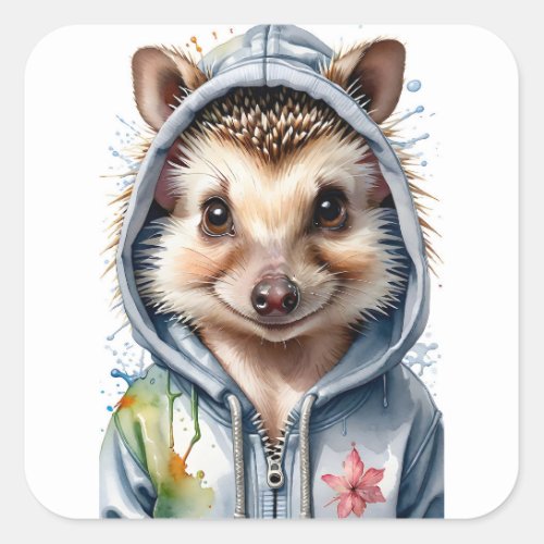 Hedgehog Splatter Art Watercolor Portrait Hoodie Square Sticker