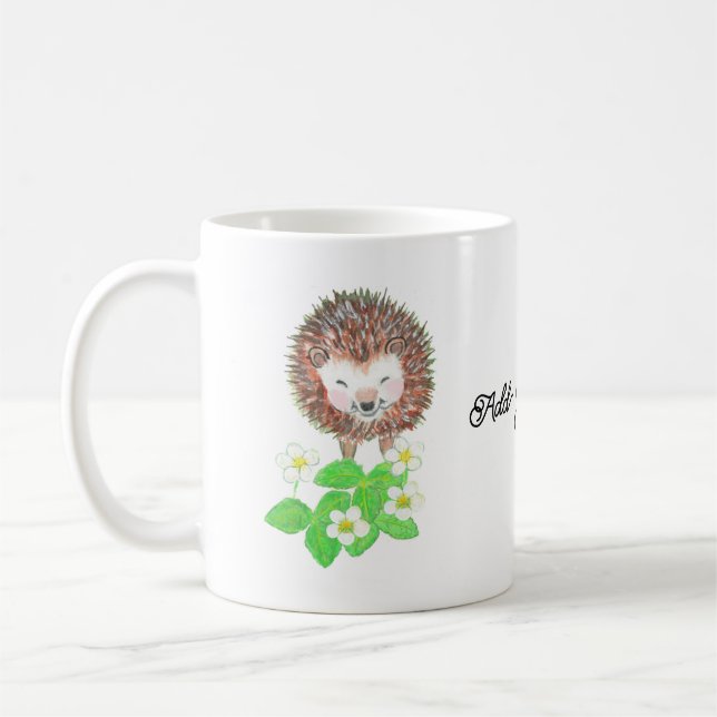 Hedgehog & Strawberry Flowers Personalized Happy Coffee Mug (Left)