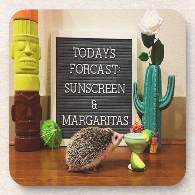 Hedgehog Sunscreen and Margaritas Beverage Coaster (Front)