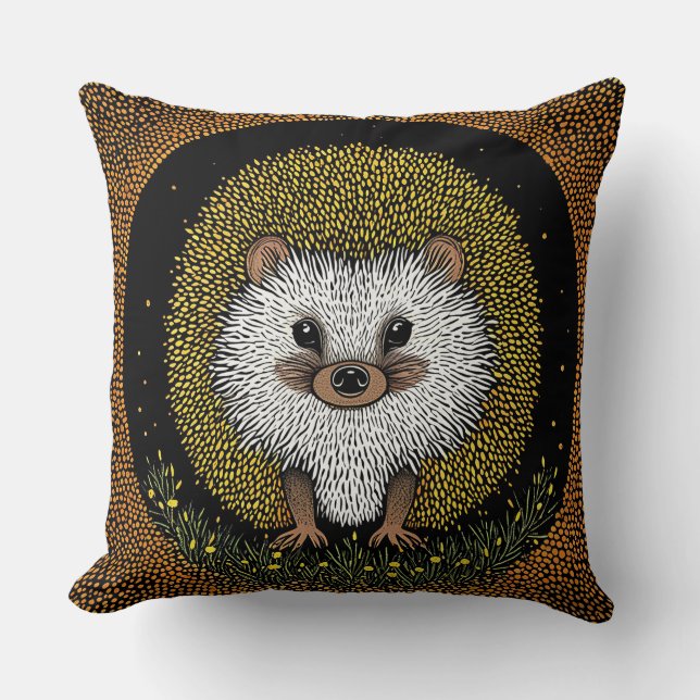Hedgehog Surrounded by Vibrant Patterns Throw Pillow (Front)