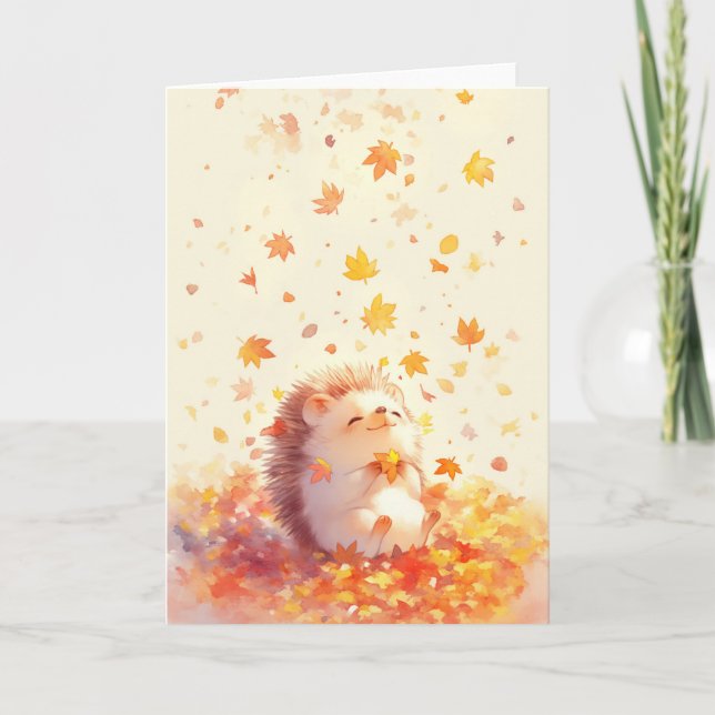 Hedgehog The Joy of Falling Leaves Card (Front)