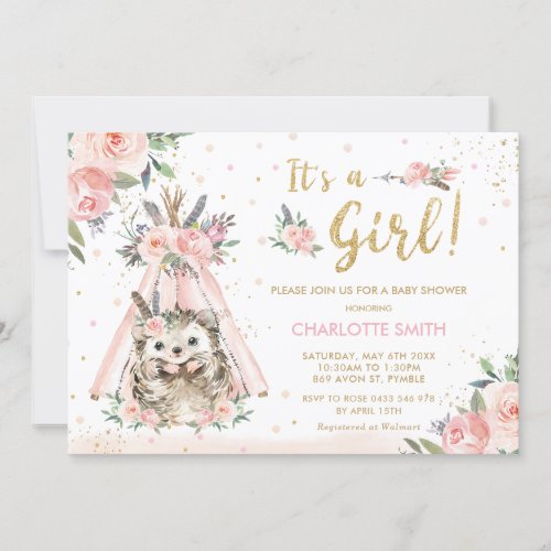 Hedgehog Tribal Blush Floral Girl Baby Shower Invitation