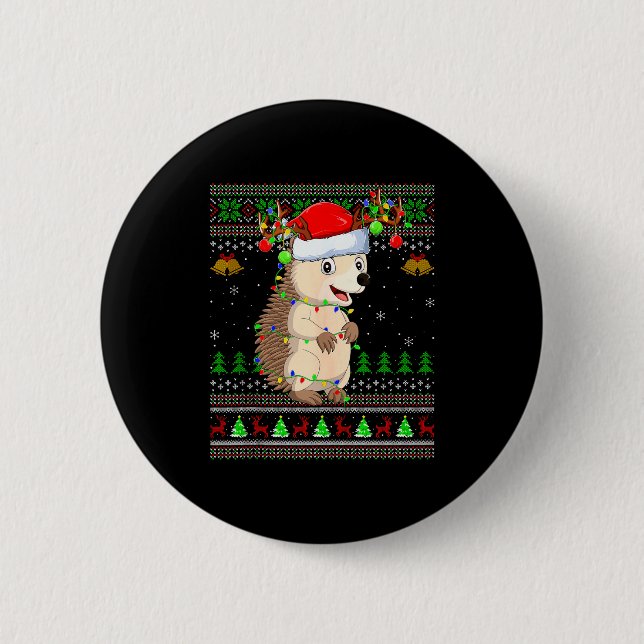 Hedgehog Ugly Christmas Sweaters Holiday Santa Cut Button (Front)