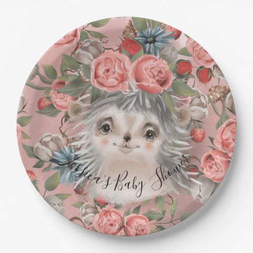 Hedgehog Watercolor Coral Floral Girl Baby Shower Paper Plates