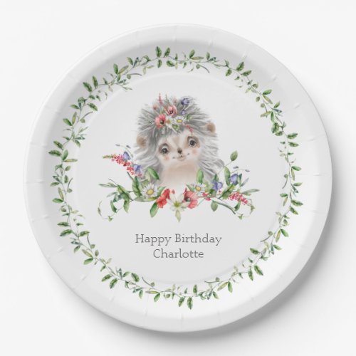 Hedgehog Watercolor Floral Personalized Paper Plat Paper Plates