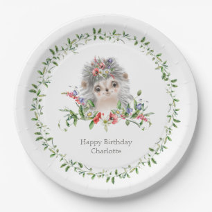 Hedgehog Watercolor Floral Personalized Paper Plat Plates