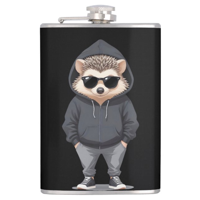 Hedgehog Wearing Hoodie Funny Cool Animal Vector Flask (Front)