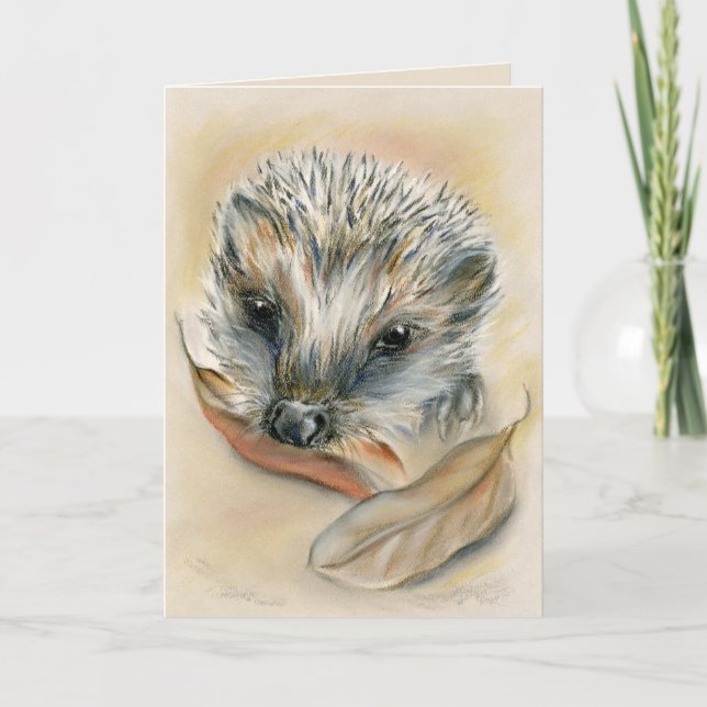 Hedgehog with Autumn Leaves Fall Birthday Card (Front)