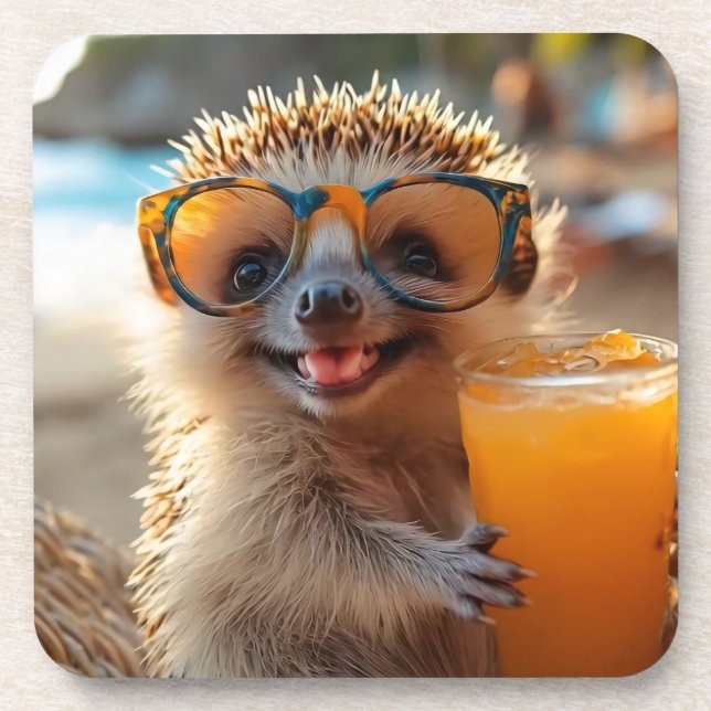 hedgehog with cocktail beverage coaster (Front)