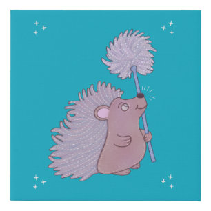 Hedgehog with Dandelion Cute Folk Art Nature Faux Canvas Print