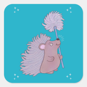 Hedgehog with Dandelion Cute Folk Art Nature Square Sticker