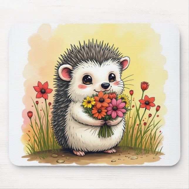 Hedgehog With Flower Bouquet Mouse Pad (Front)