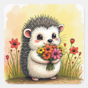 Hedgehog With Flower Bouquet Square Sticker
