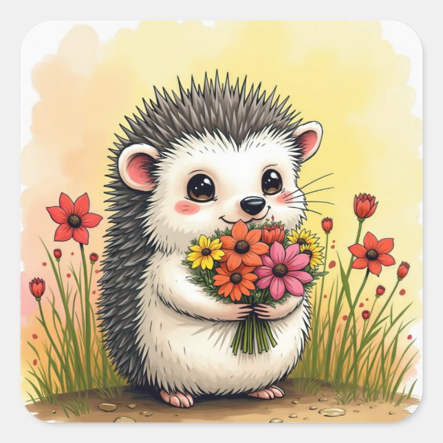 Hedgehog With Flower Bouquet Square Sticker (Front)