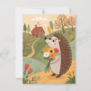 Hedgehog with flowers folk art postcard