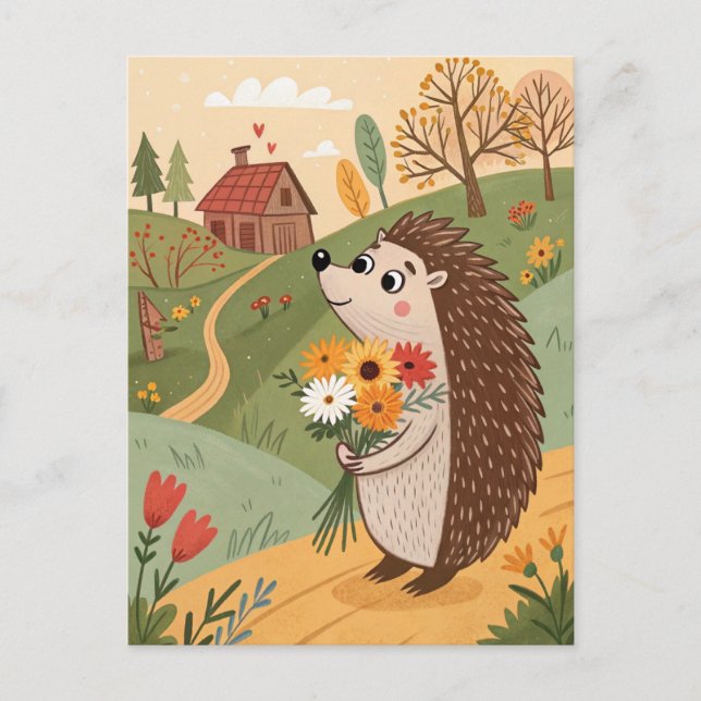Hedgehog with flowers folk art postcard (Front)