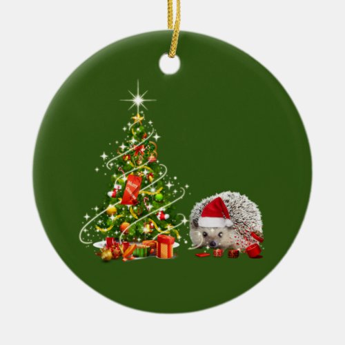 Hedgehog With Hat LIGHTS Christmas Ceramic Ornament