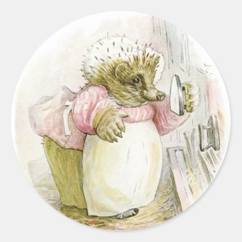 Hedgehog With Iron Mrs Tiggy-winkle Classic Round Sticker by FaerieRita at Zazzle