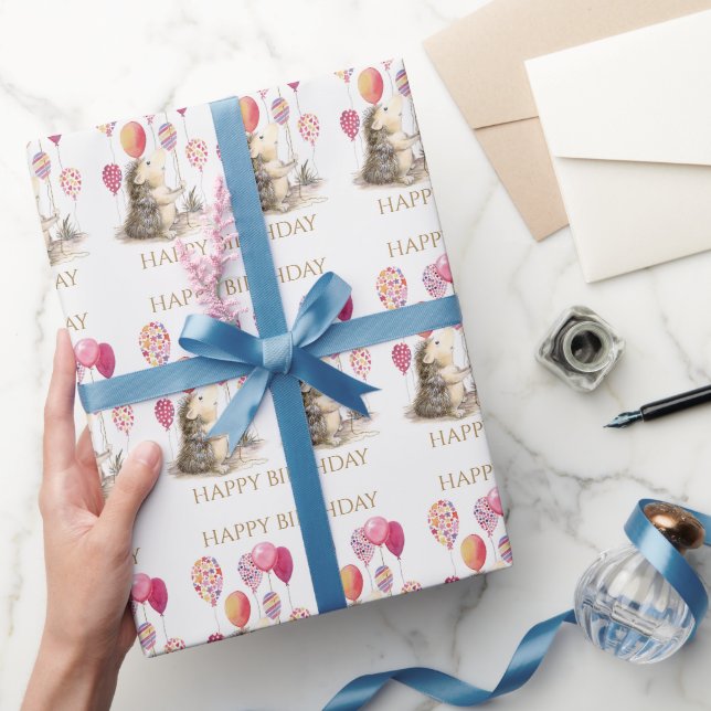 Hedgehog with pink balloons Happy Birthday Wrapping Paper (Gifting)