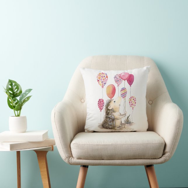 Hedgehog with pink balloons  throw pillow (Chair)