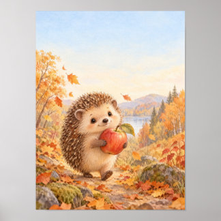 Hedgehog with red apple on the forest path – Poste Poster