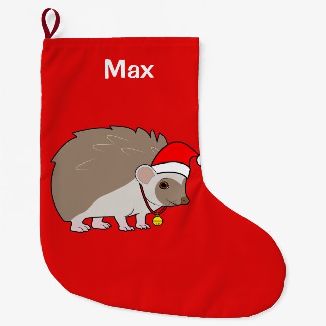 Hedgehog with Santa Hat Name Customizable Large Christmas Stocking (Front)