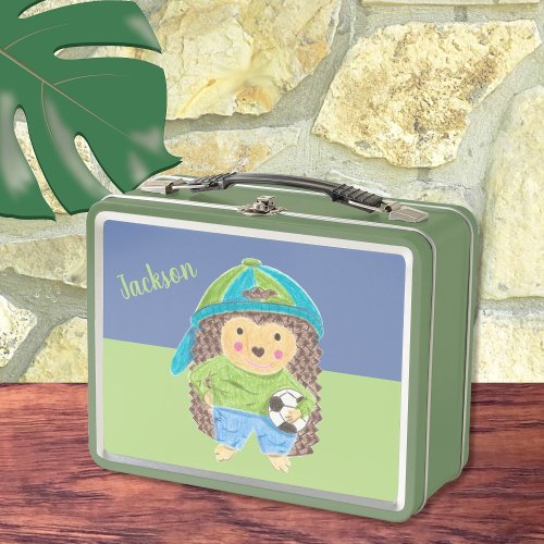 Hedgehog with soccer ball kid name metal lunch box