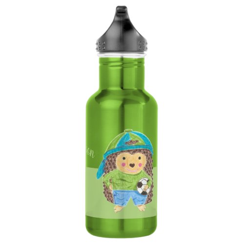 Hedgehog with soccer ball personalized kid stainless steel water bottle