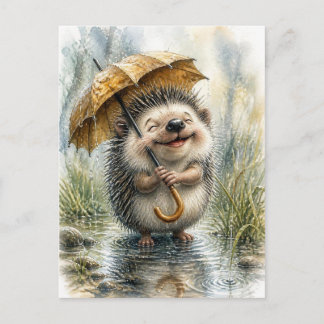 Hedgehog with Umbrella in Rain Postcard