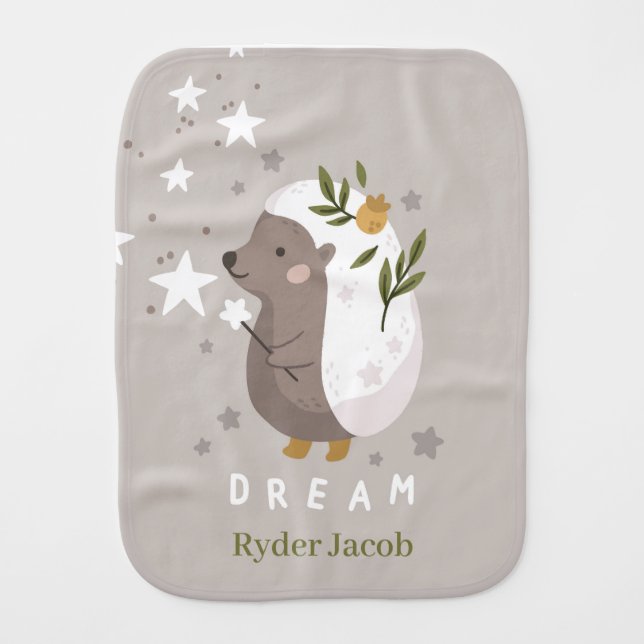 Hedgehog Woodland Animal Stars | Baby Burp Cloth (Front)