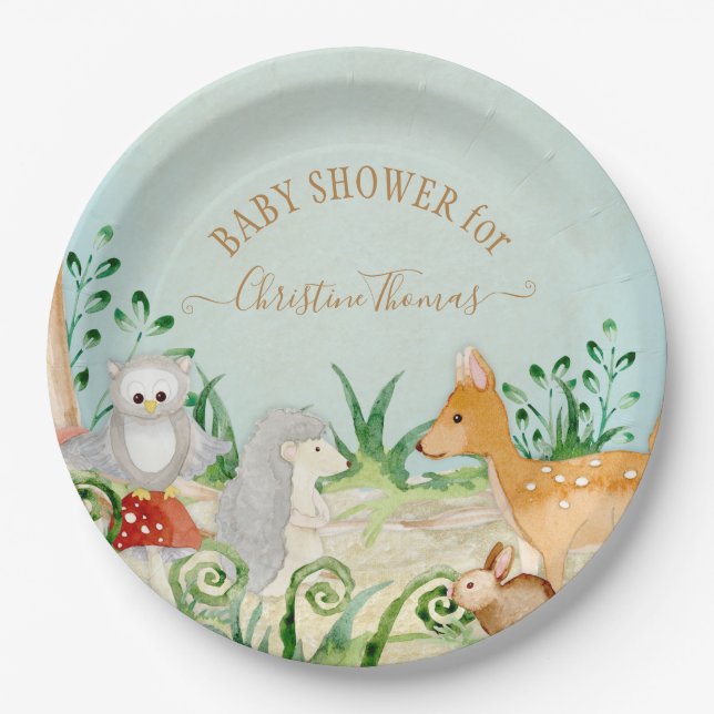 Hedgehog Woodland Creatures Fox Deer Baby Shower Paper Plates (Front)