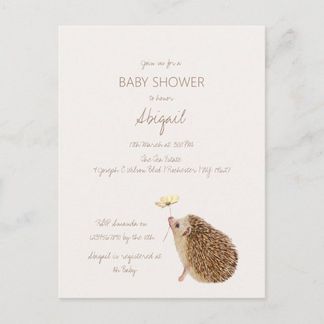 Hedgehog Woodland Forest Baby Shower Postcard (Front)