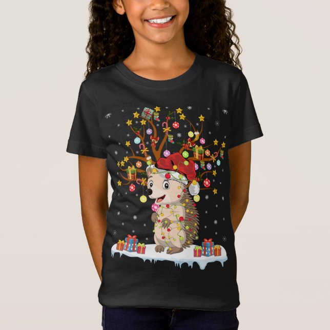 Hedgehog Xmas Lighting Tree Santa Hedgehog Christm T-Shirt (Front)