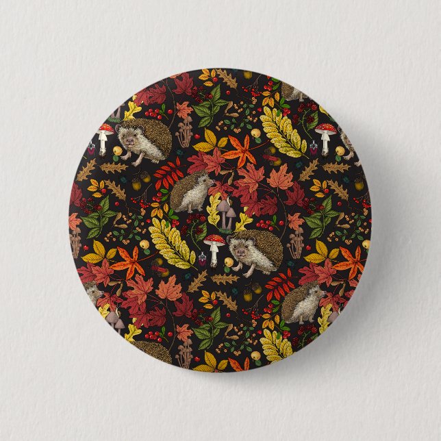 Hedgehogs and autumn forest flora on black button (Front)