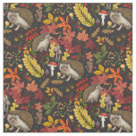 Hedgehogs and autumn forest flora on black fabric