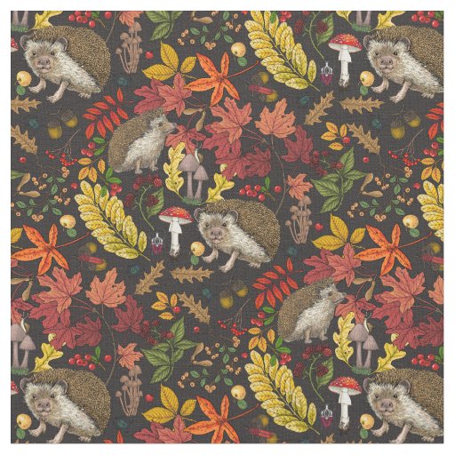 Hedgehogs and autumn forest flora on black fabric