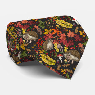 Hedgehogs and autumn forest flora on black neck tie