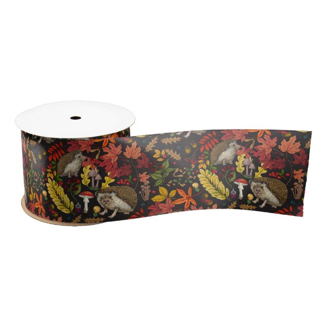 Hedgehogs and autumn forest flora on black satin ribbon (Spool)