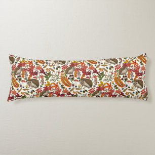 Hedgehogs and autumn forest flora on ivory body pillow
