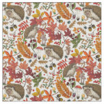 Hedgehogs and autumn forest flora on ivory fabric