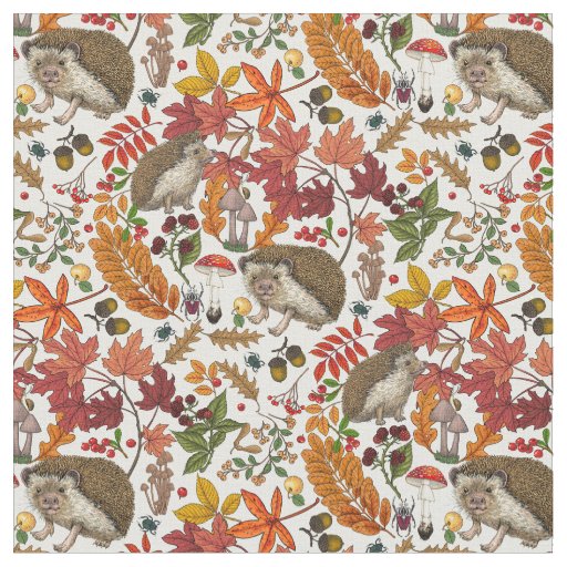 Hedgehogs and autumn forest flora on ivory fabric