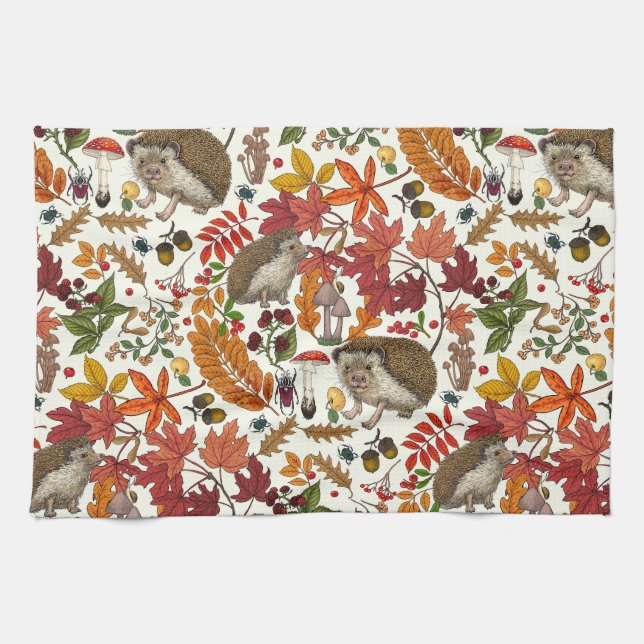 Hedgehogs and autumn forest flora on ivory kitchen towel (Horizontal)