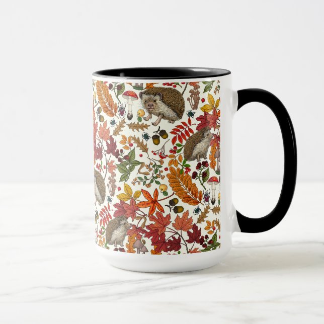 Hedgehogs and autumn forest flora on ivory mug (Right)
